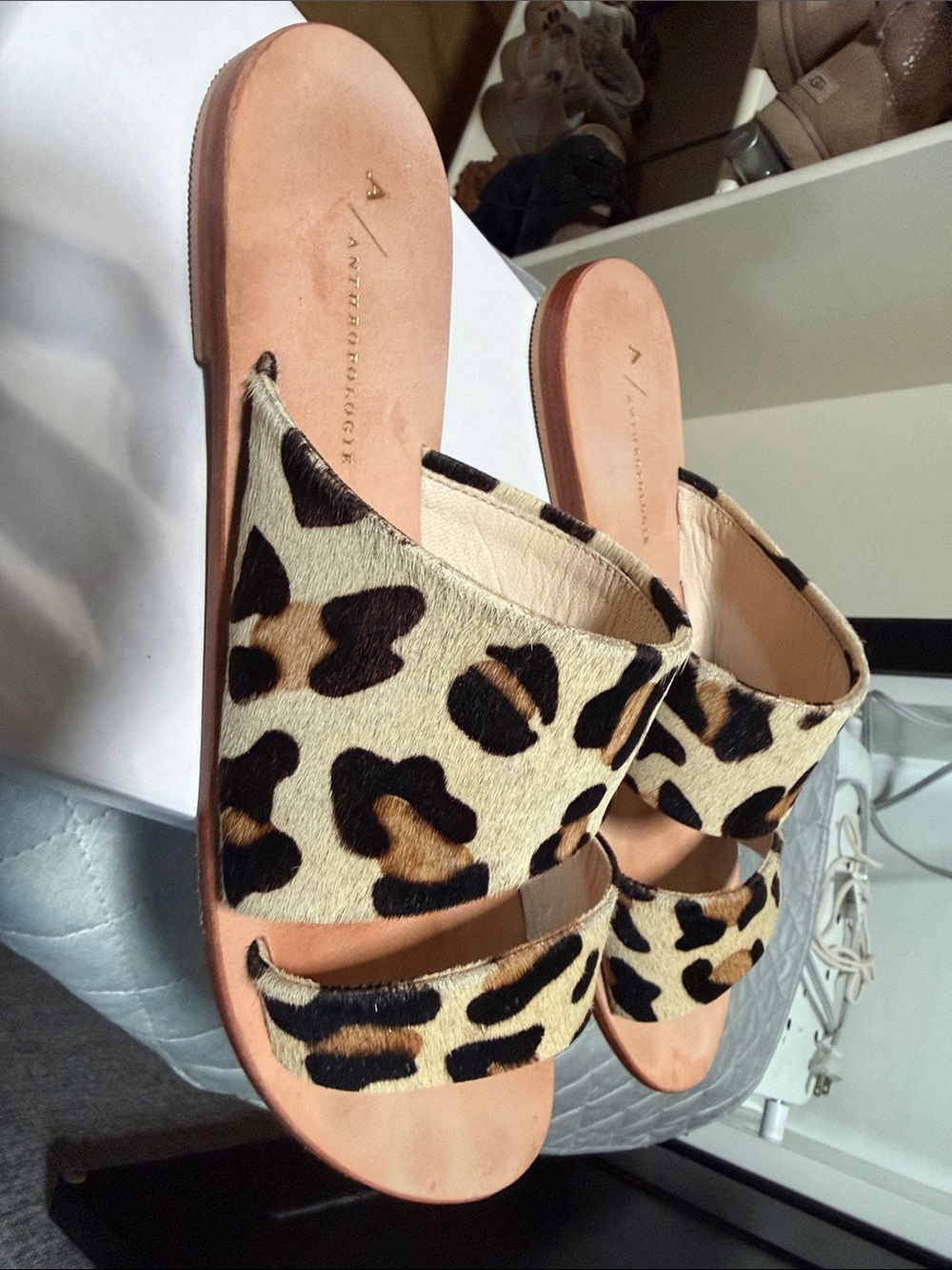 Anthropologie Leopard-Print Slide Sandals in Tan and Black